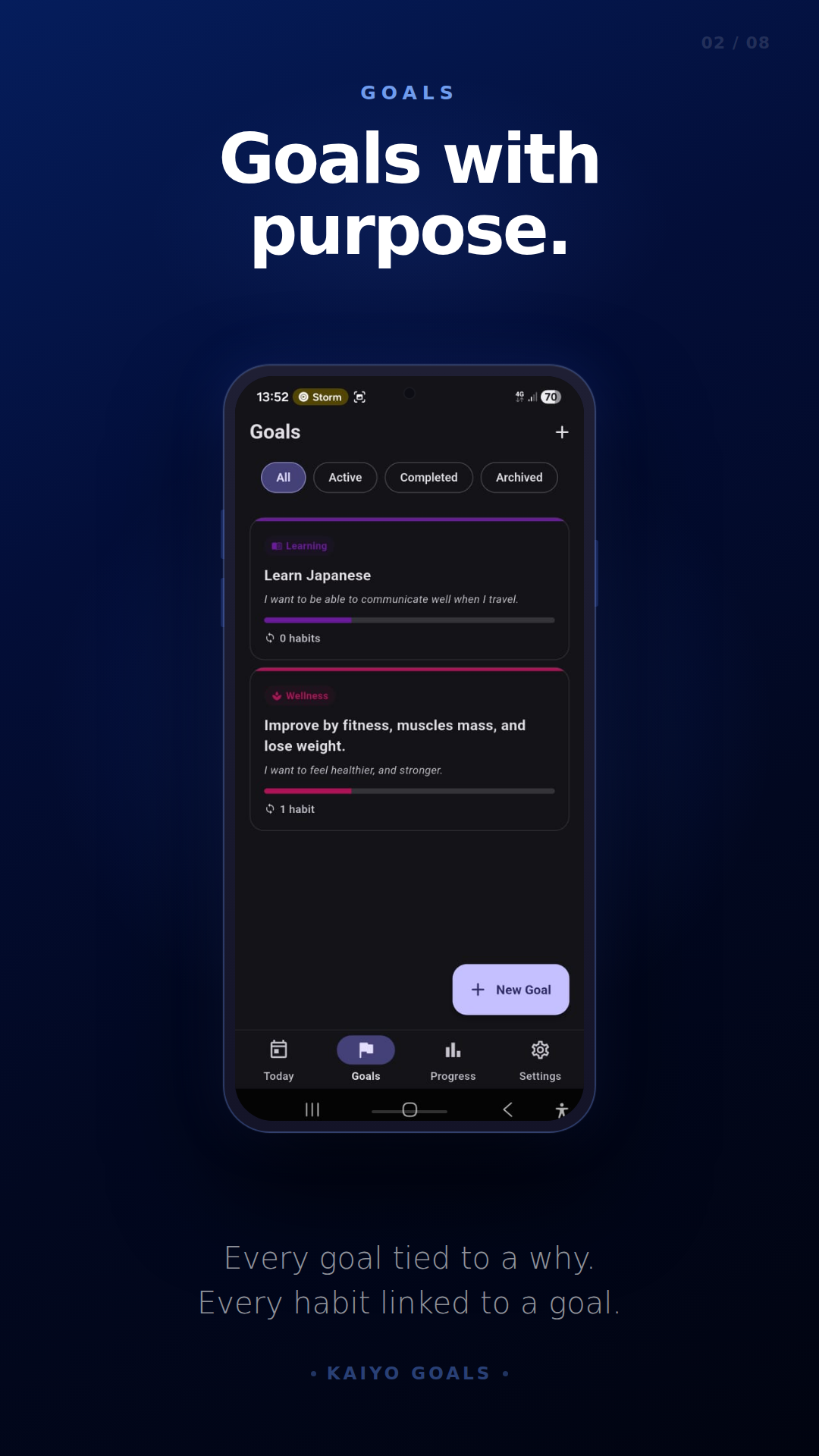 Kaiyo Goals Android app SMART goal setup screen